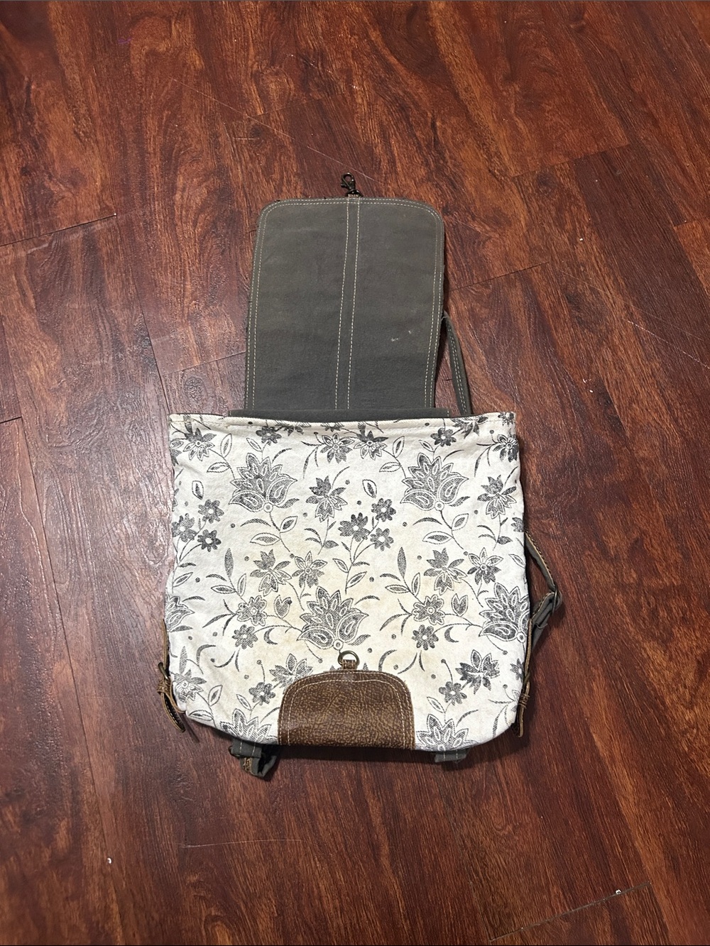 Myra Bag Bloom Bleach Floral Canvas & Black White Cowhide Backpack - Picture 2 of 9